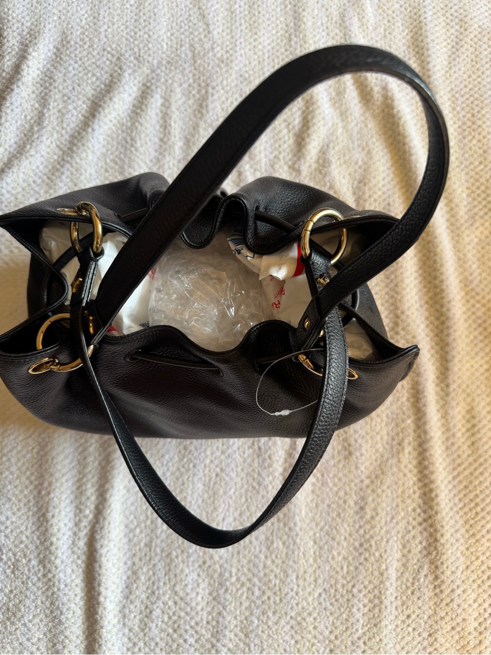 Classic Black Drawstring Leather Tote Bag - Picture 5 of 5